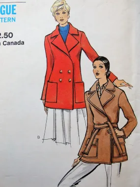 1970s FABULOUS Coat Jacket Pattern VOGUE 8255 Two Versions Classy WRAP or Double Breasted Button,Easy Classy Designs Bust 34 Vin