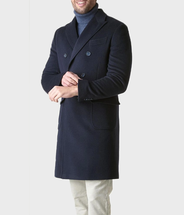 Blue Double Breasted Wool Coat