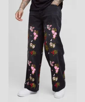 boohoo Mens Tall Baggy Fit Floral Embroidered Jeans