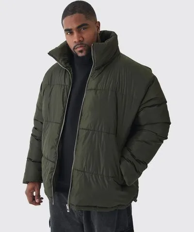 boohooMAN Mens Plus Worldwide Applique Funnel Neck Puffer Jacket In Khaki