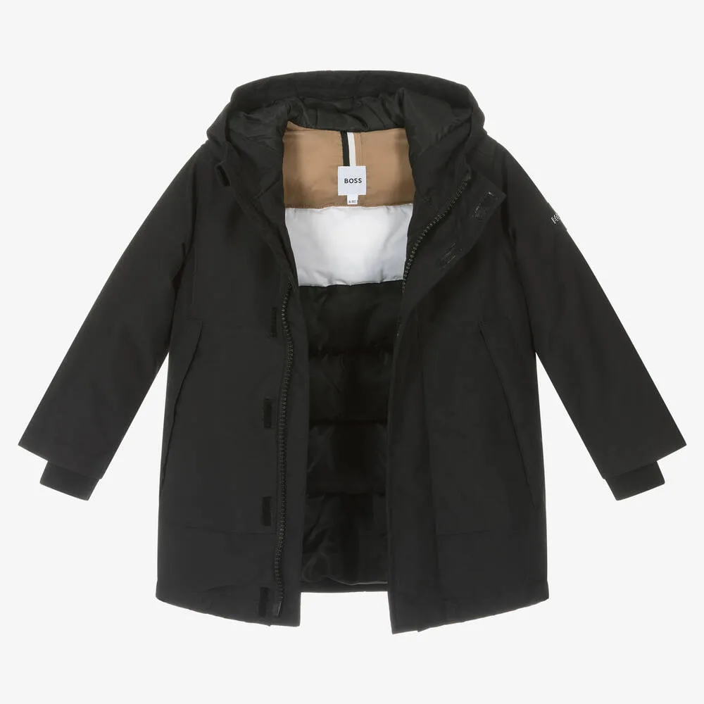 Boys Black Hooded Parka Coat