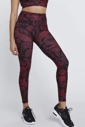 High Waist Reversible Leggings Red Paisley