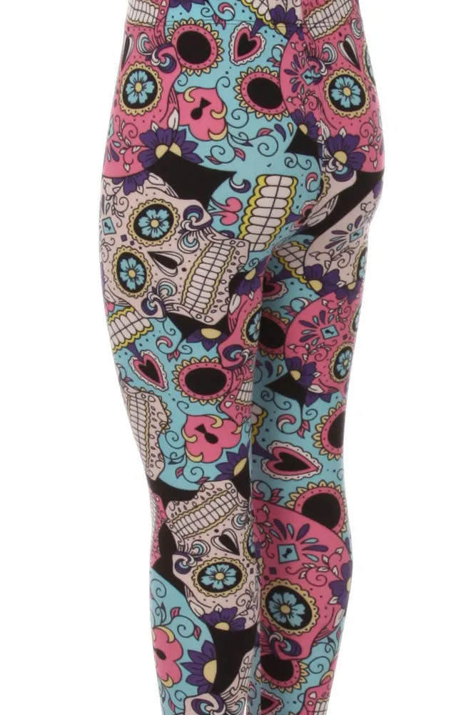 Kid's Flower Eyes Robot Sugar Skulls Print Leggings