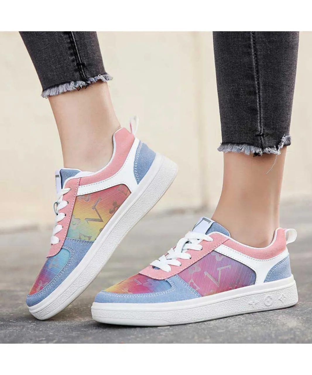 Multi color pattern vamp lace up shoe sneaker