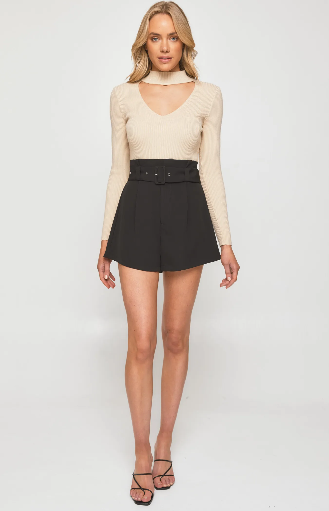 Paper Bag High Waisted Shorts with Self Fabric Buckle (SPA418A)