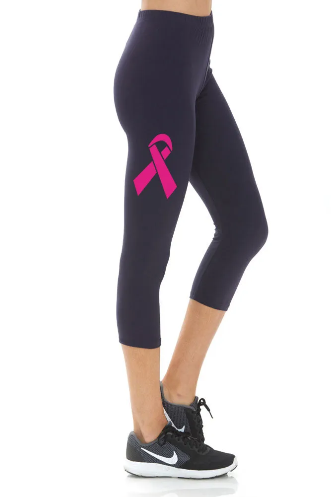 Women's Breast Cancer Ribbon Printed Buttery Soft Peach Skin Cropped Capri Leggings - Regular Plus and 3X5X