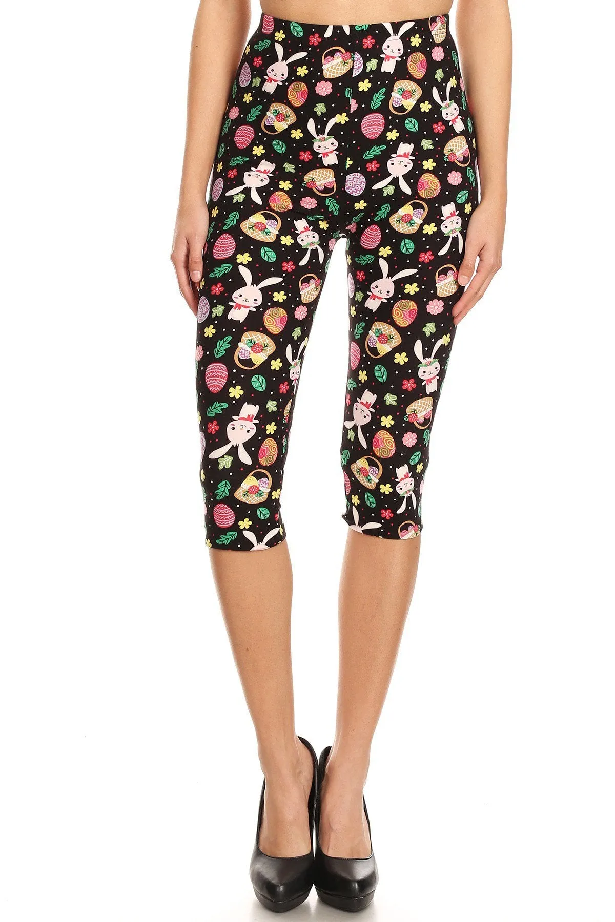 Women's Plus Cute Bunny & Easter Egg Printed Cropped Capri Leggings