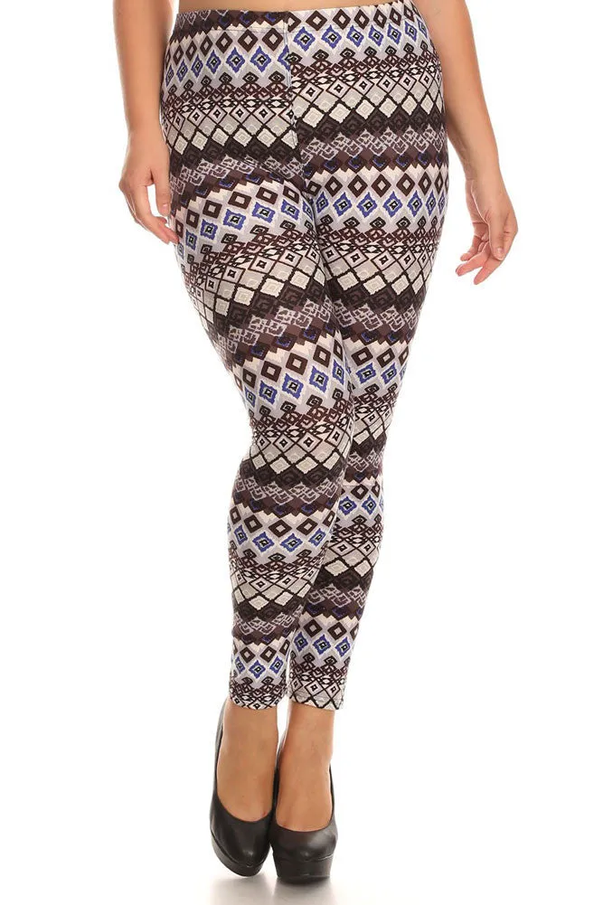 Women's Plus Lozenge Pattern and Stripe Print Leggings - Grey Blue